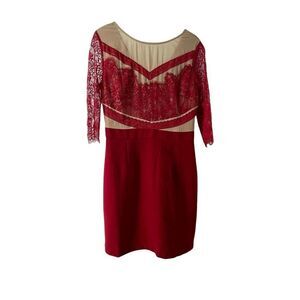 Red Lace Illusion Dress Womens Size Large 3/4 Sleeve Shift Holiday Cocktail Wear